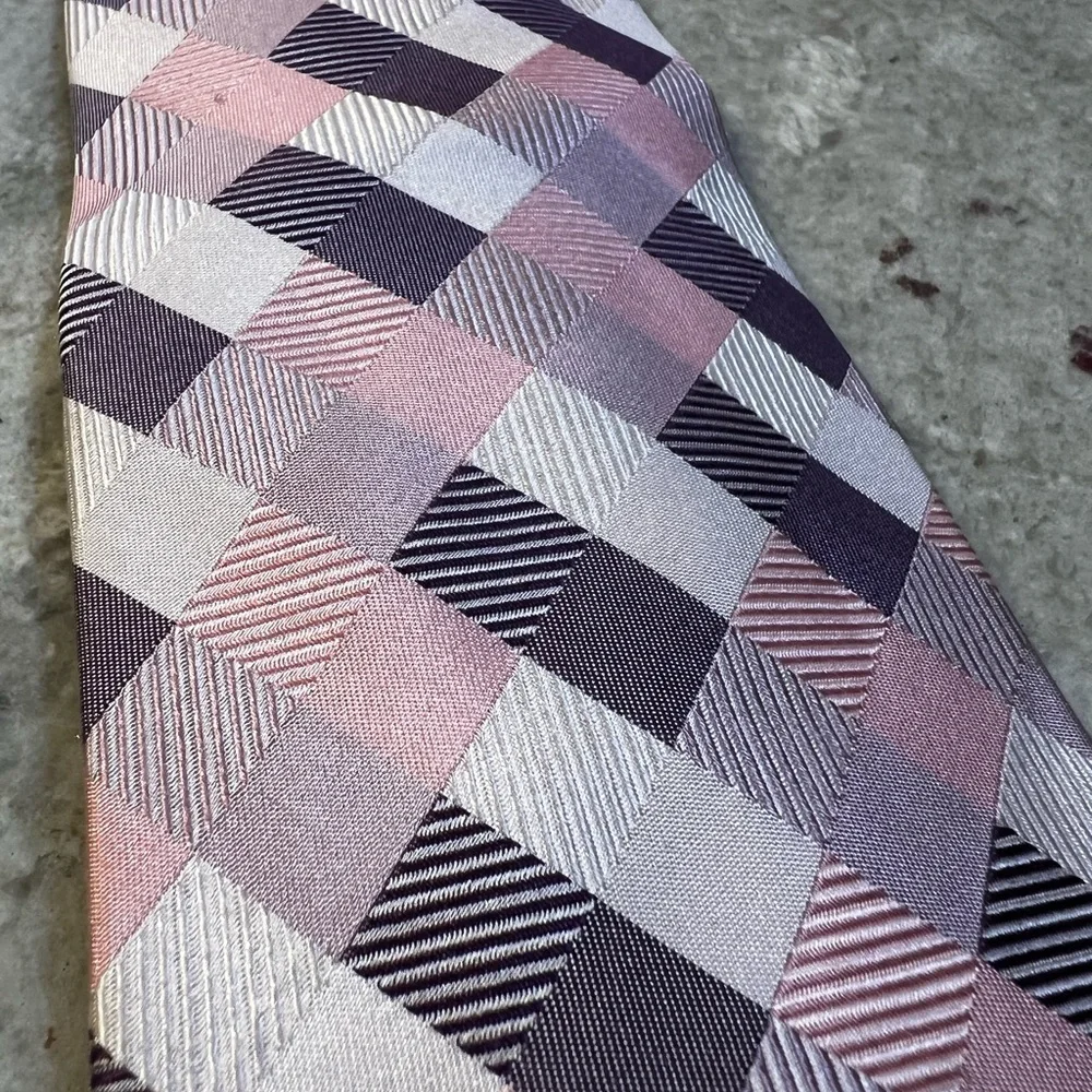 Farentino Ferre Pure Silk Tie‎ Pink Purple Silver Geometric Checkered Handmade